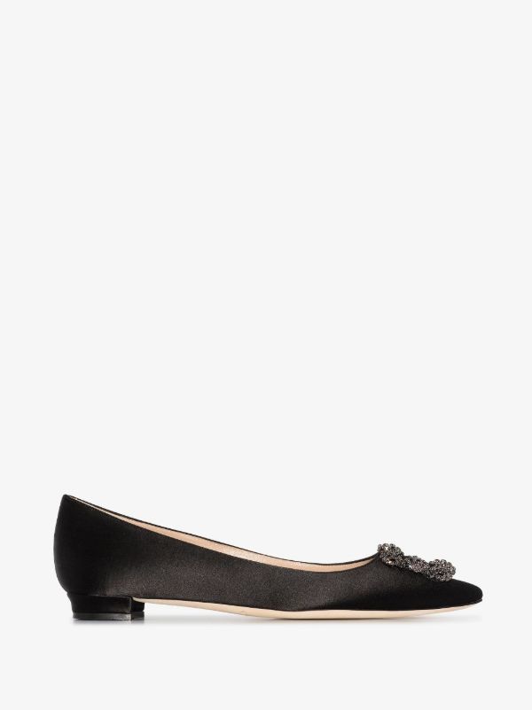 Manolo Blahnik Black Hangisi Crystal Satin Ballet Pumps | Browns Pumps