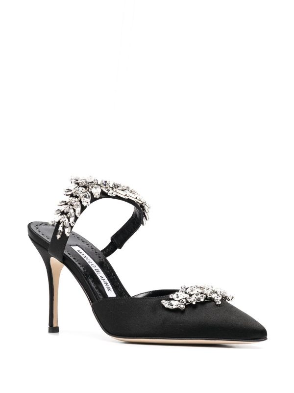 Manolo Blahnik Black Lurum 90 Crystal Satin Pumps | Browns Pumps