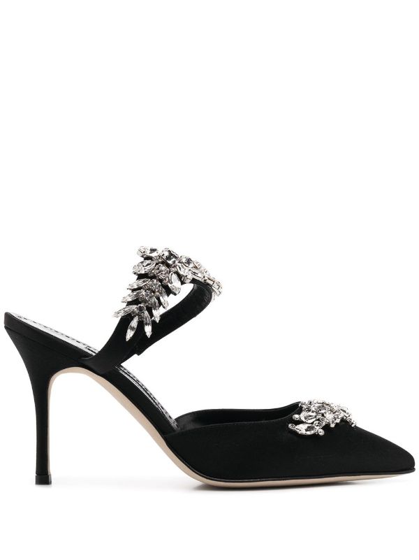 Manolo Blahnik black Lurum 90 crystal satin pumps | Browns Pumps