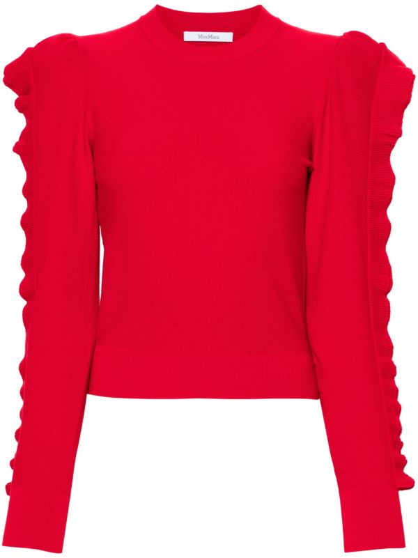 Max Mara Red Ruffled Crew-Neck Sweater | Browns Knitted Sweaters