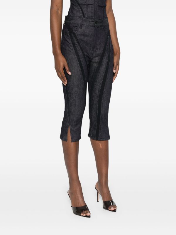 Mugler Black Mesh-Panelled Capri Jeans | Browns Cropped Jeans