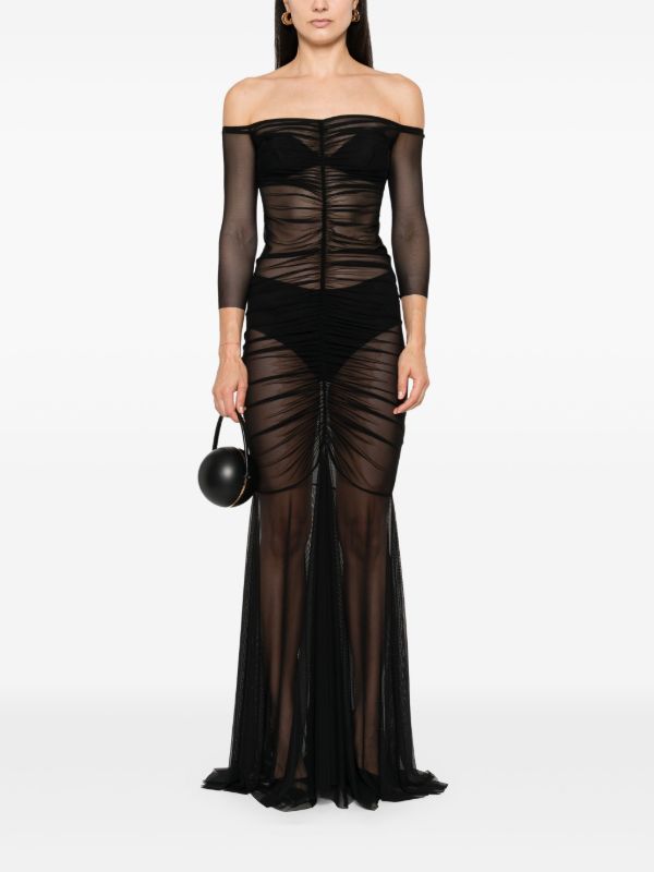 Norma Kamali Black Off-Shoulder Shirred Gown | Browns Evening Dresses