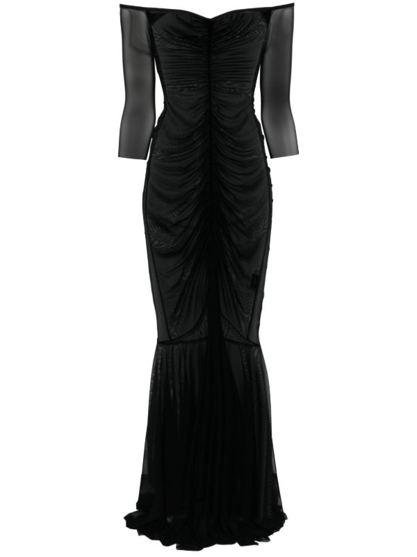 Norma Kamali Black Off-Shoulder Shirred Gown | Browns Evening Dresses