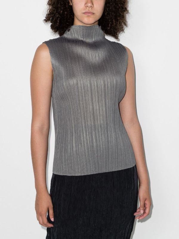 Pleats Please Issey Miyake Grey Basics High Neck Plissé Top | Browns Vests & Tank Tops