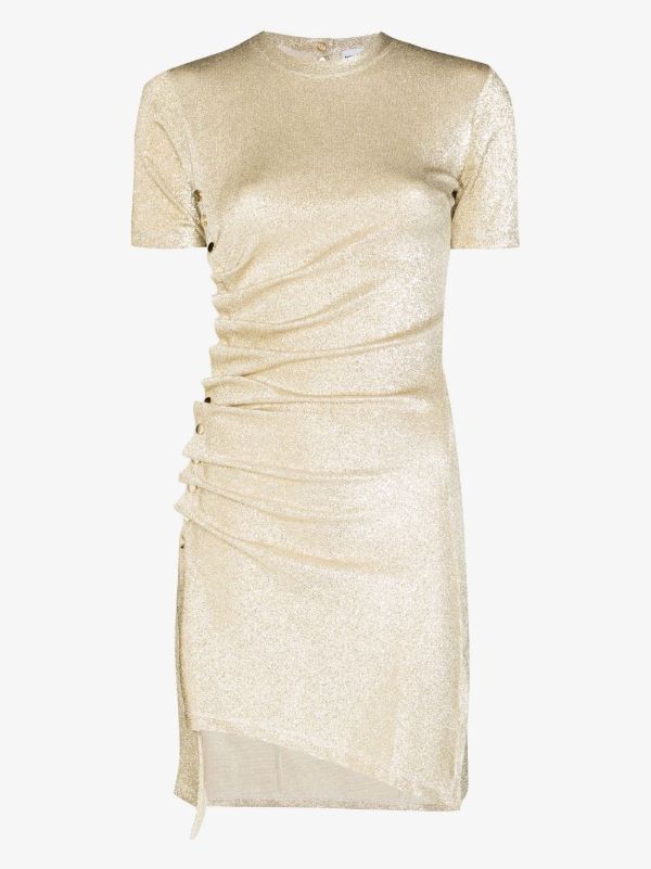 Rabanne Gold metallic asymmetric draped mini dress | Browns Cocktail & Party Dresses