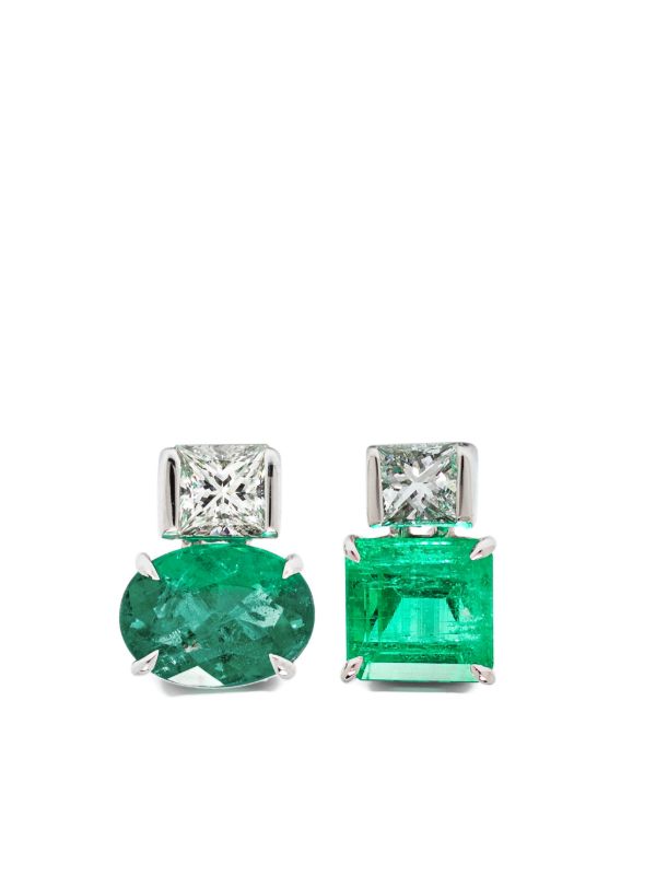 Sauer 18K White Gold Agnes Emerald And Diamond Stud Earrings | Browns Fine Earrings
