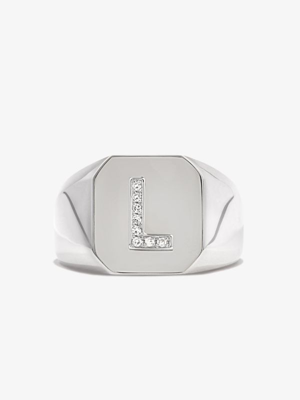 SHAY 18K White Gold L Initial Diamond Signet Ring | Browns Rings