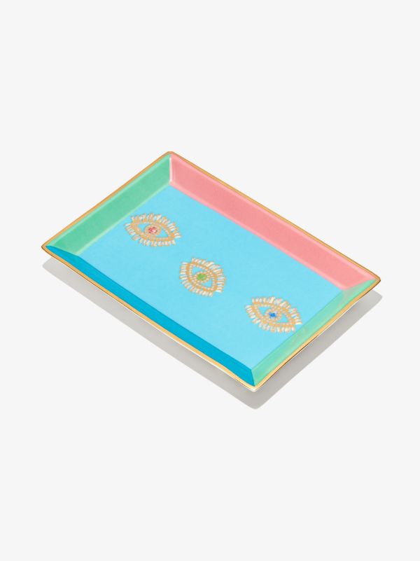 Suzanne Kalan X Jonathan Adler blue Three Evil Eyes porcelain jewellery tray | Browns Trays