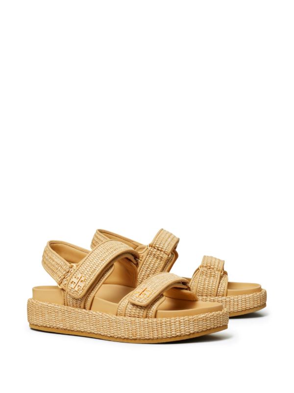 Tory Burch Neutral Double T Raffia Sandals | Browns Sandals