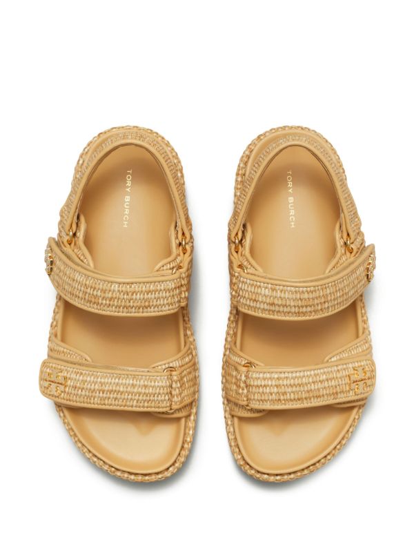 Tory Burch Neutral Double T Raffia Sandals | Browns Sandals
