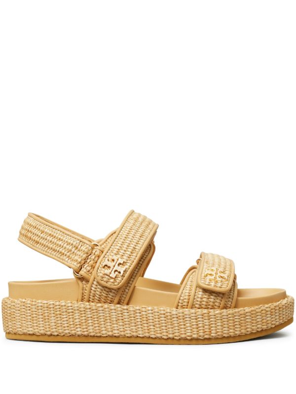 Tory Burch Neutral Double T Raffia Sandals | Browns Sandals