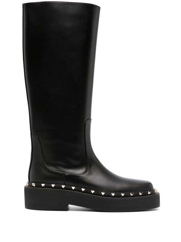 Valentino Garavani black Rockstud 30 knee-high leather boots | Browns Boots