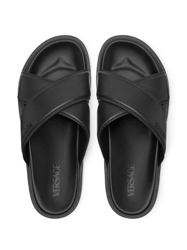 Versace Black Crossover Leather Slides | Browns Flip-Flops & Slides