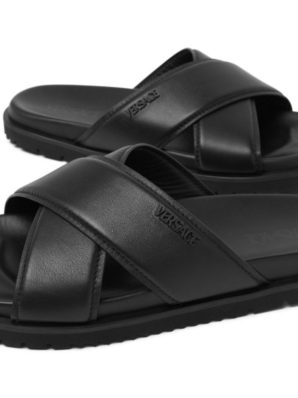 Versace Black Crossover Leather Slides | Browns Flip-Flops & Slides