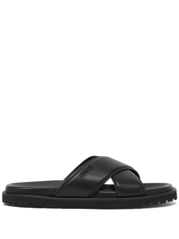 Versace Black Crossover Leather Slides | Browns Flip-Flops & Slides