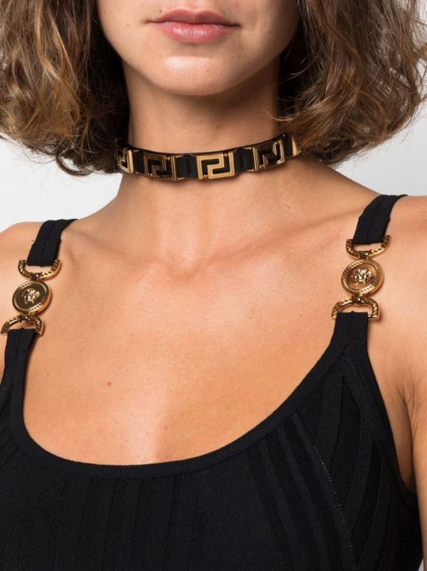 Versace Black La Greca Leather Choker Necklace | Browns Necklaces