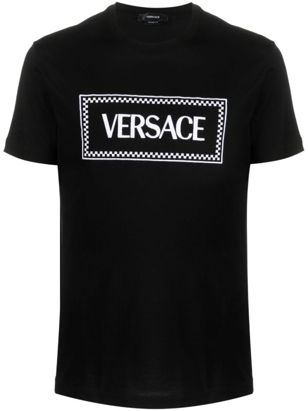 Versace Black Logo Embroidered Cotton T-Shirt | Browns T-Shirts