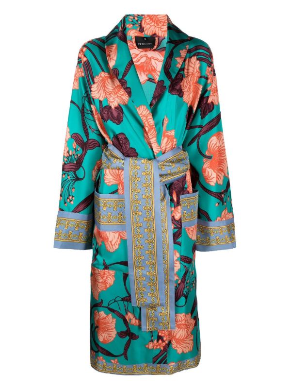 Versace Blue Art Deco Flowers Printed Silk Robe | Browns Dressing Gowns & Robes