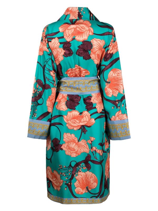 Versace Blue Art Deco Flowers Printed Silk Robe | Browns Dressing Gowns & Robes
