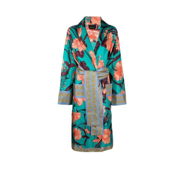 Versace Blue Art Deco Flowers printed silk robe | Browns Dressing Gowns & Robes
