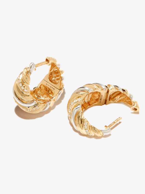 Yvonne Léon 9K Yellow And White Gold Gaufrette Diamond Hoop Earrings | Browns Earrings