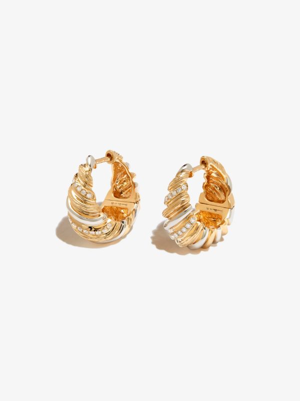 Yvonne Léon 9K yellow and white gold gaufrette diamond hoop earrings | Browns Earrings
