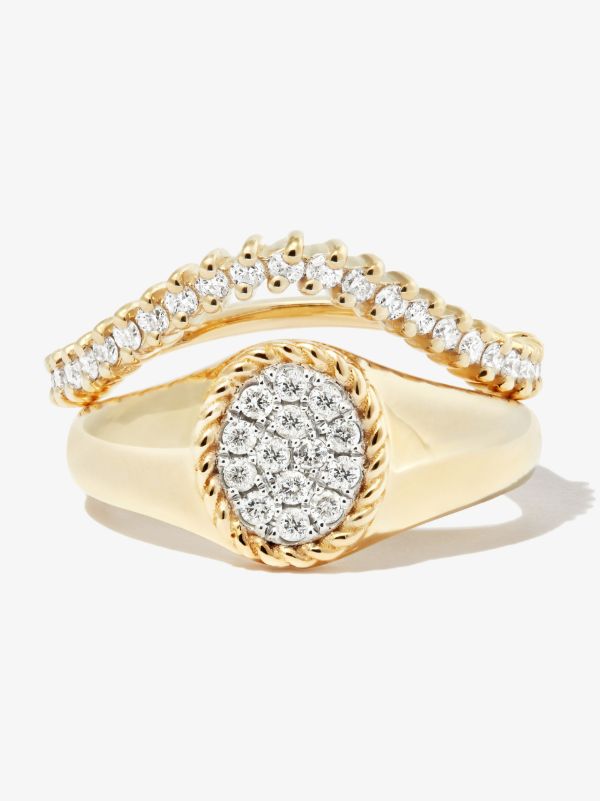 Yvonne Léon 9K Yellow Gold Coeur & Vague Diamond Signet Ring Set | Browns Fine Rings