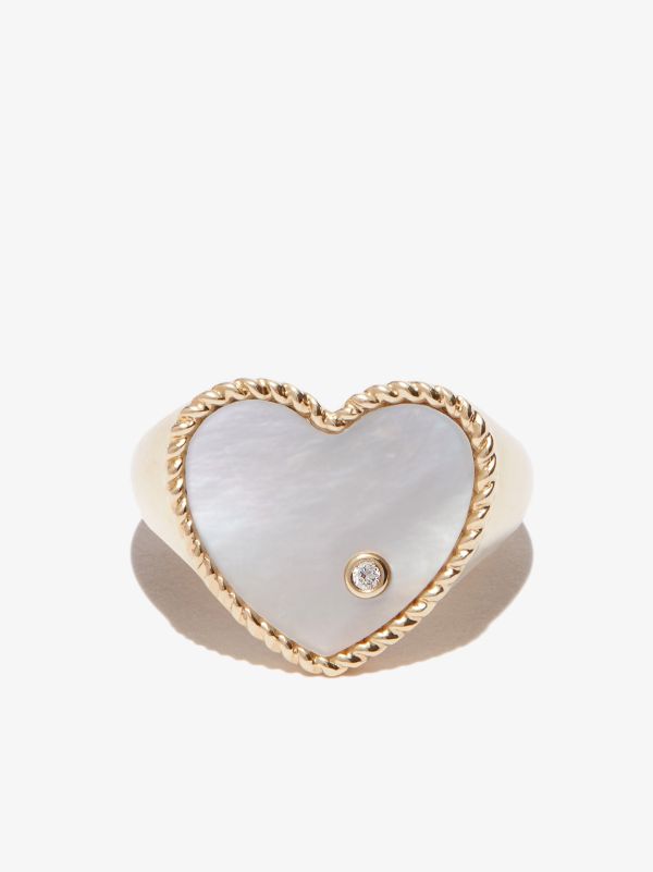 Yvonne Léon 9K Yellow Gold Heart Pearl And Diamond Signet Ring | Browns Fine Rings