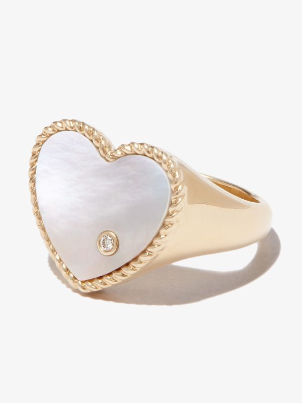 Yvonne Léon 9K Yellow Gold heart Pearl and Diamond Signet Ring | Browns Fine Rings
