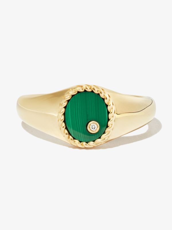 Yvonne Léon 9K Yellow Gold Mini Ovale Malachite Diamond Signet Ring | Browns Fine Rings
