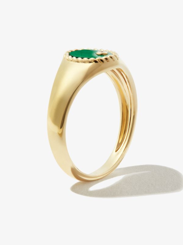 Yvonne Léon 9K Yellow Gold Mini Ovale Malachite Diamond Signet Ring | Browns Fine Rings