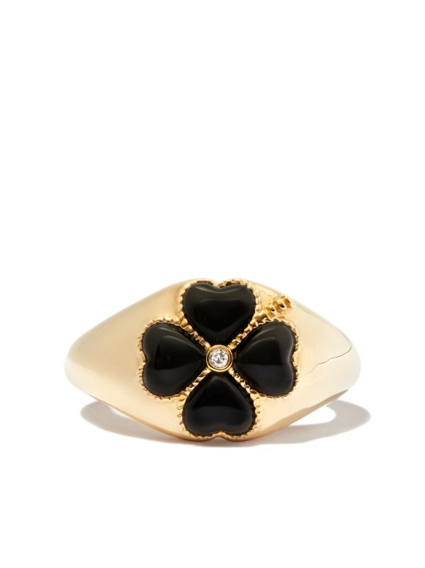 Yvonne Léon 9K Yellow Gold Onyx Flower Diamond Signet Ring | Browns Rings