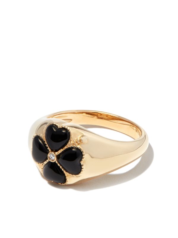 Yvonne Léon 9K Yellow Gold Onyx Flower Diamond Signet Ring | Browns Rings