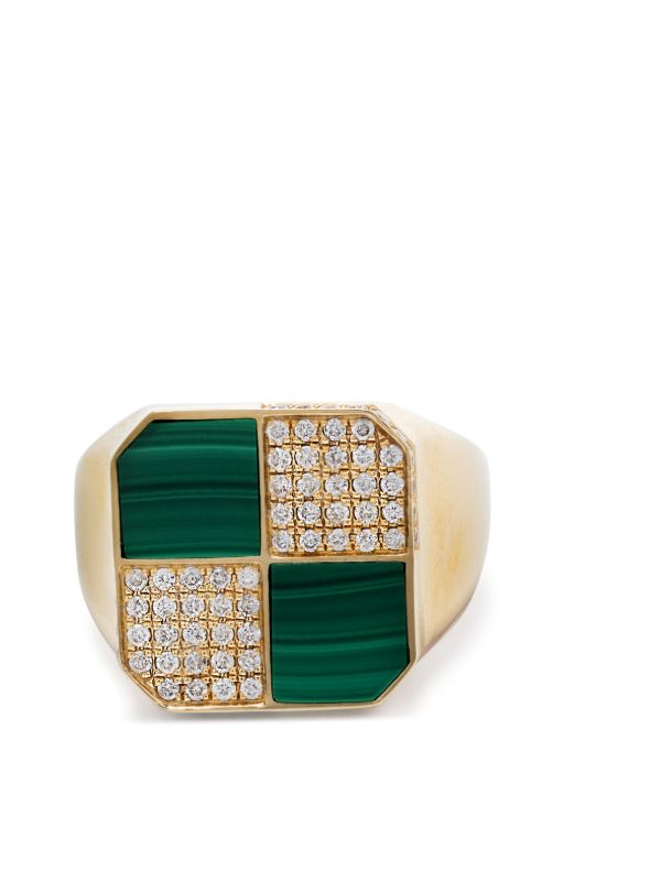 Yvonne Léon 9K Yellow Gold Petit Damier Diamond And Malachite Ring | Browns Rings