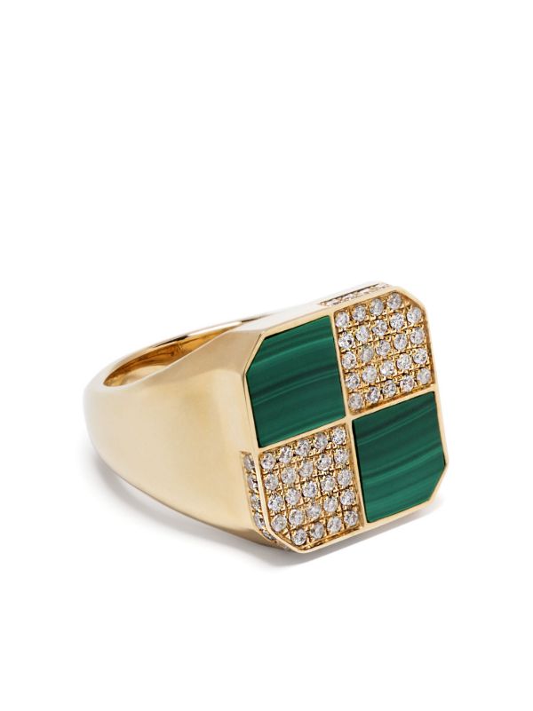 Yvonne Léon 9K yellow gold Petit Damier diamond and malachite ring | Browns Rings